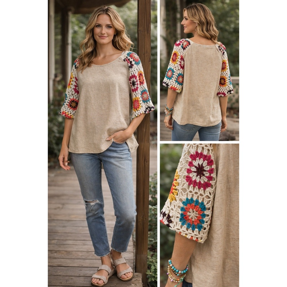 Umgee Linen Blend Crochet Boho Granny Square Sleeve Blouse Top Tan Multi L A0382